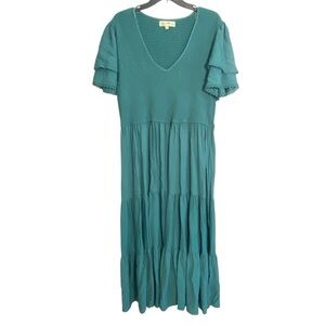 Penelope Rose Tiered Maxi Dress Women's 2X Teal Aqua Smocked Ruffle Sleeve NWT